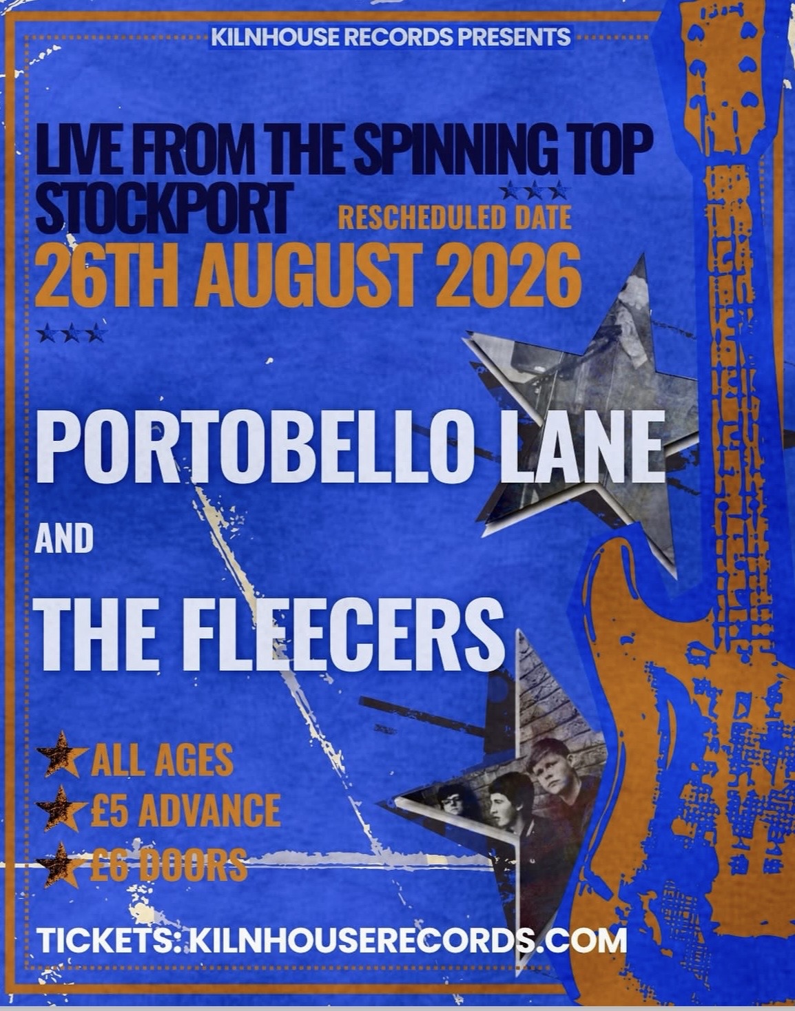 Kilnhouse Records presents Portobello Lane and The Fleecers, live from The Spinning Top, Stockport — 26th August 2026, all ages, £5 advance, £6 on the doors